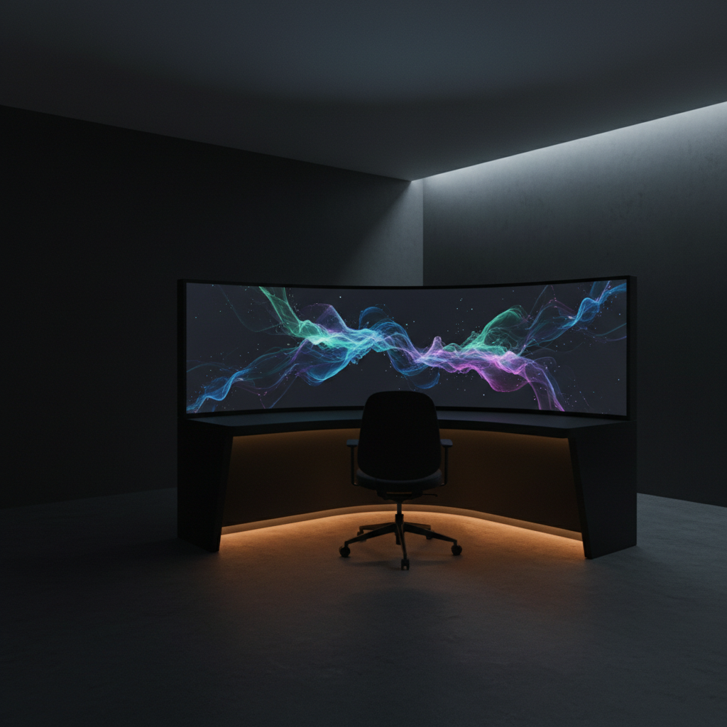 A minimal, dimly lit control room with a single, curved panoramic display wrapping around a matte black console. The display shows fluid, living data forms—dynamic lines and color clouds that subtly reposition themselves toward an empty ergonomic chair, hinting at systems preparing for a user. Focus lights under the console cast a gentle glow across the floor, while a soft, cool overhead light traces the console’s silhouette. Photographic realism, shot from behind and slightly above the chair’s position to emphasize the anticipatory interface. The composition uses asymmetric framing, with negative space reinforcing a contemplative, professional mood. The scene conveys adaptive technology orchestrating complex environments in a way that feels confident yet unobtrusive.