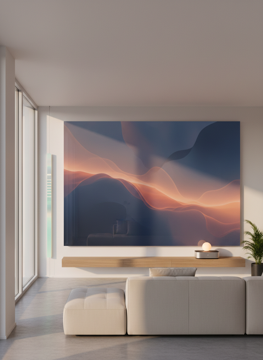 A modern living space where multiple devices coordinate seamlessly: a wall-sized frameless display showing abstract ambient visuals, a compact hub device on a low oak shelf, and a discreet sensor strip along the window frame. All interfaces appear as soft, shifting shapes and color fields, no icons or words. Warm late-afternoon light enters through tall windows, creating gentle gradients on white walls and subtle reflections on glass surfaces. Photographic realism, wide-angle lens, with the hub device placed on the rule of thirds for emphasis. The atmosphere is serene and welcoming, illustrating technology that fades into the background while attentively adapting to the rhythms of a human-centered environment.